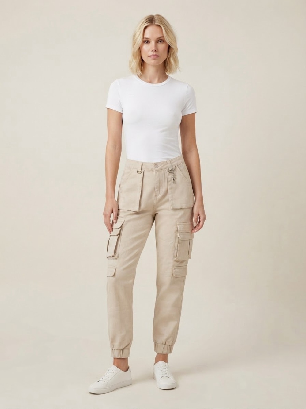American Bazi Beige Cargo Ankle Jogger Pants Y2K Cotton Spandex Size Small